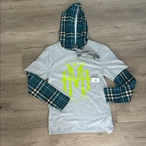 Disney Gray Hoodie with Blue Plaid Sleeves